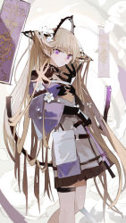 Rule 34 | 1girl, arknights, banner, belt, black gloves, blonde hair, closed mouth, commentary, dress, feet out of frame, flower, gloves, hair flower, hair ornament, highres, indigo (arknights), long hair, looking at viewer, multicolored clothes, multicolored dress, pointy ears, purple dress, purple eyes, qtonagi, ribbon-trimmed sleeves, ribbon trim, shrug (clothing), smile, solo, strap, thigh strap, very long hair, white dress, wide sleeves