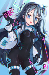 Rule 34 | 1girl, alternate costume, aqua halo, aris (blue archive), black bodysuit, blue archive, blue eyes, blue hair, bodysuit, breasts, dark blue hair, gun, halo, hand up, highres, holding, holding gun, holding weapon, long hair, looking at viewer, number print, open mouth, rectangular halo, ringed eyes, saebashi, small breasts, smile, solo, weapon