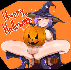 Rule 34 | 1girl, areola slip, artist request, blush, boots, breasts, cape, full-package futanari, futanari, green eyes, halloween, hat, highres, original, penis, pumpkin, purple hair, solo, spread legs, testicles, tongue, tongue out, witch hat