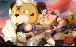 Rule 34 | 1boy, abs, absurdres, alca (wakatanka4), alternate costume, animal ears, bara, beard, black hair, chest tattoo, dailang12345, facial hair, feet out of frame, giant brush, highres, holding, holding brush, jewelry, large pectorals, lion tail, looking to the side, male focus, mature male, muscular, muscular male, navel, necklace, nipples, original, paint splatter, paint splatter on face, pectorals, pelvic curtain, short hair, smile, standing, stomach, tail, tattoo, thick eyebrows, tiger ears, tiger tail, topless male, undercut