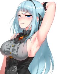 Rule 34 | 1girl, absurdres, annoyed, arm behind head, arm up, armpits, bad id, bad pixiv id, bare shoulders, black ribbon, blue eyes, blue hair, blush, breasts, center frills, closers, commentary request, frills, from side, hair ribbon, highres, large breasts, long hair, looking at viewer, ndgd, parted lips, profile, ribbon, simple background, solo, sweat, underbust, upper body, very long hair, violet (closers), white background