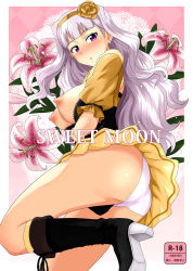 Rule 34 | 1girl, :o, ass, blush, boots, breasts, breasts out, clothes lift, earrings, flower, full-face blush, hair flower, hair ornament, hairband, high heels, idolmaster, idolmaster (classic), jewelry, large breasts, long hair, looking at viewer, nipples, panties, purple eyes, ribbon, shijou takane, silver hair, skirt, skirt lift, solo, tsurui, underwear, upskirt