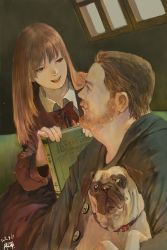 Rule 34 | 10s, 1boy, 1girl, 2016, absurdres, artist name, beard, book, bow, bowtie, brown hair, collar, collared shirt, dated, dog, facial hair, green eyes, highres, holding, holding book, long hair, looking at another, mustache, open mouth, original, red bow, red bowtie, shirt, short hair, wing collar, zennosuke
