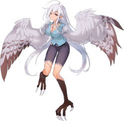 Rule 34 | 1girl, ahoge, artist request, bird legs, blue shirt, breasts, cleavage, earrings, feathered wings, feathers, harpy, haru (monster musume), jewelry, large breasts, long hair, monster girl, monster musume no iru nichijou, monster musume no iru nichijou online, necklace, official art, pants, pointy ears, shirt, solo, talons, torn clothes, torn pants, transparent background, very long hair, white hair, white wings, winged arms, wings, yellow eyes