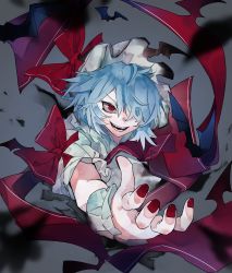 Rule 34 | 1girl, blue hair, bow, commentary request, hair over one eye, highres, ikurauni, nail polish, open mouth, outstretched hand, red eyes, red nails, remilia scarlet, ribbon, short hair, short sleeves, smile, solo, teeth, touhou