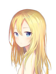 Rule 34 | 10s, 1girl, absurdres, bad id, bad pixiv id, blonde hair, blue eyes, blush, flat chest, from side, hair between eyes, highres, long hair, looking at viewer, nude, parted lips, portrait, pray (furei), rachel gardner, satsuriku no tenshi, simple background, solo, white background