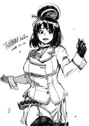 Rule 34 | 1girl, :d, belt collar, blush, breasts, collar, dated, gloves, greyscale, hat, highres, jacket, kantai collection, large breasts, long sleeves, looking at viewer, medium hair, miniskirt, monochrome, open mouth, signature, simple background, skirt, smile, solo, standing, tachibana roku, takao (kancolle), thighhighs, white background