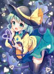 Rule 34 | 1girl, :d, black hat, black thighhighs, blue footwear, blush, boots, commentary request, flower, frilled shirt collar, frilled sleeves, frills, green eyes, green hair, green skirt, hair between eyes, hat, hat ribbon, heart, heart of string, index finger raised, komeiji koishi, long sleeves, looking at viewer, mauve, open mouth, ribbon, shirt, skirt, smile, solo, thighhighs, third eye, touhou, white flower, wide sleeves, yellow ribbon, yellow shirt