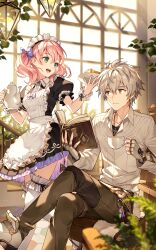 1boy 1girl :d apron atelier_(series) atelier_escha_&amp;_logy atelier_resleriana black_dress black_pants book breasts collared_shirt crossed_legs cup dress escha_malier escha_malier_(sweet_monochrome) fingerless_gloves frilled_thighhighs frills gloves green_eyes hair_between_eyes hands_up highres holding holding_book holding_cup holding_plate holding_teapot indoors jewelry logix_ficsario long_hair looking_at_another looking_to_the_side maid maid_headdress medium_breasts nardack necklace non-web_source official_alternate_costume official_art open_book open_mouth pants pink_hair plate shirt shoes short_hair short_sleeves sitting smile standing teapot thighhighs white_apron white_footwear white_shirt white_thighhighs window