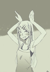 Rule 34 | 10s, 1girl, 2016, :d, apron, armpits, arms up, bare shoulders, blush, breasts, bunny ears gesture, constricted pupils, dagashi kashi, dated, ear piercing, earrings, embarrassed, endou saya, fang, greyscale, hair ornament, hairclip, highres, jewelry, long hair, looking at viewer, monochrome, mr very, open mouth, parted bangs, piercing, rabbit pose, sidelocks, signature, simple background, small breasts, smile, solo, sweatdrop, swept bangs, two-tone background, very long hair