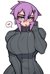 Rule 34 | 1girl, absurdres, blue eyes, breasts, closed mouth, food in mouth, grey sweater, hair ornament, hairclip, heart, highres, large breasts, long sleeves, looking at viewer, maya (roadi3), original, pocky, pocky day, pocky in mouth, purple hair, ribbed sweater, roadi3, short hair, simple background, solo, speech bubble, spoken heart, sweater, white background