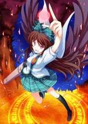 Rule 34 | 1girl, arm cannon, arm up, bow, brown hair, cape, caution, female focus, fire, hair bow, long hair, open mouth, plaid, radiation symbol, red eyes, reiuji utsuho, shirt, skirt, smile, solo, space, sun, third eye, touhou, tri, weapon, wings