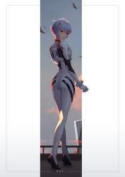 Rule 34 | 1girl, absurdres, ahoge, ass, ayanami rei, bodysuit, breasts, character name, closed mouth, commentary, framed, from behind, full body, gloves, hair between eyes, hair ornament, hand on own chest, highres, interface headset, lips, looking at viewer, looking back, neon genesis evangelion, plugsuit, red eyes, rookive, short hair, silver hair, solo, standing, turtleneck, white bodysuit