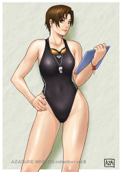 Rule 34 | 1girl, absurdres, azasuke, breasts, brown eyes, brown hair, cameltoe, female focus, goggles, hand on own hip, highres, hip focus, key, one-piece swimsuit, original, short hair, solo, standing, swimsuit, tablet, whistle
