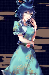 Rule 34 | 1girl, belt, blue dress, blue eyes, blue hair, commentary request, dress, flower, frills, hair ornament, hair rings, hair stick, highres, hug (yourhug), kaku seiga, looking at viewer, puffy sleeves, short hair, short sleeves, simple background, smile, solo, standing, touhou, vest