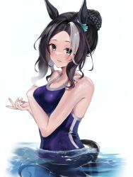 Rule 34 | 1girl, absurdres, animal ears, black hair, blue eyes, blue one-piece swimsuit, blush, breasts, commentary request, competition school swimsuit, competition swimsuit, ear ornament, hair bun, highres, horse ears, horse girl, horse tail, looking at viewer, medium breasts, mejiro ramonu (umamusume), mole, mole under eye, multicolored hair, one-piece swimsuit, parted lips, partially submerged, school swimsuit, short hair, simple background, smile, solo, streaked hair, swimsuit, tail, tracen swimsuit, umainu 2002, umamusume, water, wet, white background, white hair