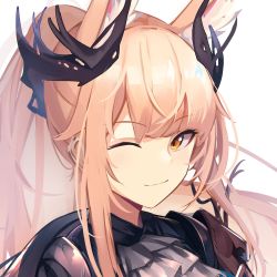 Rule 34 | 1girl, ;), animal ear fluff, animal ears, blonde hair, brown eyes, closed mouth, commentary request, copyright request, highres, long hair, looking at viewer, one eye closed, penguin4, ponytail, portrait, sidelocks, simple background, smile, solo, white background