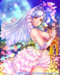 Rule 34 | 1girl, bare shoulders, blue hair, breasts, bridal gauntlets, commentary, copyright name, crown, dress, floral print, fumi (butakotai), fur trim, holding, jewelry, long hair, looking at viewer, maboroshi juuhime, medium breasts, moon, night, night sky, own hands together, petals, pink dress, scepter, short dress, sky, smile, solo, star (sky), veil, yellow eyes