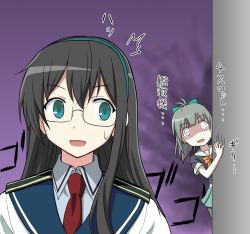 Rule 34 | 10s, 2girls, aura, black hair, blue eyes, bow, bowtie, dark aura, glasses, grey hair, hair bow, hairband, kantai collection, long hair, multiple girls, necktie, ooyodo (kancolle), pantyhose, peeking out, ponytail, sailor collar, shaded face, spaghe (kyoumospaghe), sweat, translation request, yuubari (kancolle)