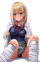Rule 34 | 1girl, black eyes, blonde hair, blue bow, blue bowtie, blue one-piece swimsuit, blush, bow, bowtie, collarbone, collared shirt, commentary request, ear piercing, grey skirt, hair between eyes, highres, knees up, licking lips, long hair, looking at viewer, loose socks, multicolored bowtie, one-piece swimsuit, original, piercing, pleated skirt, red bow, red bowtie, school swimsuit, school uniform, shirt, sitting, skindentation, skirt, socks, solo, swimsuit, swimsuit under clothes, taut clothes, taut swimsuit, thighs, tongue, tongue out, unbuttoned, unbuttoned shirt, undressing, uniform, v-shaped eyebrows, white background, white shirt, white socks, wing collar, yukemuriganmo