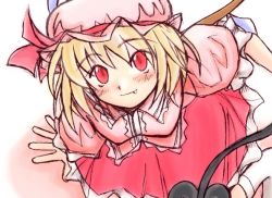 Rule 34 | 1girl, fang, fang out, female focus, flandre scarlet, laevatein, short hair, solo, tail, touhou, wings