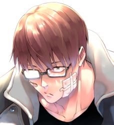 Rule 34 | 1boy, bandage on face, bandages, bandaid, black shirt, brown hair, close-up, en&#039;en no shouboutai, expressionless, firefighter, firefighter jacket, glasses, jacket, jacket on shoulders, leaning forward, looking ahead, male focus, popped collar, portrait, sat-tsu, shirt, short hair, solo, straight hair, takehisa hinawa, toned, toned male, white background