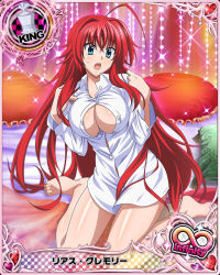Rule 34 | 10s, 1girl, ahoge, artist request, blue eyes, breasts, card (medium), character name, chess piece, cleavage, female focus, high school dxd, high school dxd infinity, huge ahoge, king (chess), large breasts, long hair, official art, open clothes, open shirt, red hair, rias gremory, shirt, smile, solo, trading card, very long hair