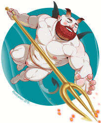 Rule 34 | 1boy, abs, absurdres, bald, bara, belly, blush, borrowed character, bulge, closed eyes, demon boy, demon horns, demon tail, demon wings, fat, fat man, full body, gangdong, highres, holding, holding polearm, holding weapon, horns, large pectorals, male focus, muscular, muscular male, navel, nipples, original, pale skin, pectorals, polearm, solo, stomach, strongman waist, tail, thick eyebrows, topless male, trident, weapon, wings