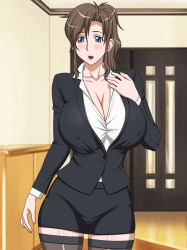 Rule 34 | 1girl, blazer, blue eyes, blush, breasts, brown hair, business suit, cleavage, covered erect nipples, curvy, female focus, formal, highres, huge breasts, indoors, jacket, mature female, miniskirt, open clothes, open mouth, open shirt, ponytail, shirt, skirt, solo, standing, suit, thighhighs, uniform, yukijirushi nyugyou