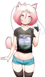 Rule 34 | 1girl, absurdres, animal ear fluff, animal ears, antenna hair, arm at side, black shirt, black thighhighs, blue shorts, bob cut, bright pupils, cat ears, cat girl, cat tail, cellphone, clothes writing, collarbone, cowboy shot, crop top, earphones, facial mark, female focus, fir3born, flat chest, hair between eyes, hand up, highres, holding, holding phone, matching hair/eyes, midriff, navel, original, parted lips, phone, pink eyes, pink hair, shirt, short hair, short shorts, short sleeves, shorts, sidelocks, simple background, smartphone, solo, standing, stomach, stratovarius, tail, teeth, thighhighs, thighs, thonk (fir3born), whisker markings, white background, white pupils
