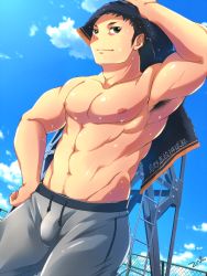 1boy abs armpit_hair armpits bad_id bad_pixiv_id bara bulge erection erection_under_clothes grey_pants haikyuu!! highres long_sideburns male_focus muscular muscular_male navel navel_hair nipples pants pectorals sawamura_daichi short_hair sideburns solo stomach sweat tepen_(tptptpn) thick_thighs thighs topless_male track_pants wiping_sweat