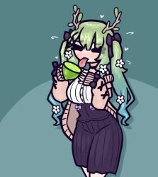 Rule 34 | bow, ceres fauna, closed eyes, flower, food, fruit, gradient hair, hair bow, hair ornament, hololive, hololive english, horns, lime (fruit), limebreaker, long hair, multicolored hair, shirt, thighhighs, tongue, tongue out, twintails, virtual youtuber, white thighhighs