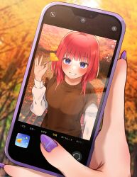 Rule 34 | 1girl, alternate costume, autumn, autumn leaves, blue eyes, blunt bangs, blush, breasts, brown sweater vest, cellphone, cellphone photo, commentary, day, fingernails, go-toubun no hanayome, grin, hair down, hand up, happy, highres, holding, holding leaf, holding phone, kakato 0, large breasts, leaf, long fingernails, long sleeves, looking at viewer, medium hair, nail polish, nakano nino, ok sign, outdoors, park, phone, purple nails, red eyes, selfie, shirt, smartphone, smile, solo, star (symbol), star print, straight hair, sweater vest, tree, upturned eyes, viewfinder, white shirt