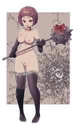 Rule 34 | 1girl, :d, bare shoulders, black eyes, black gloves, black thighhighs, blood, bloody weapon, blunt bangs, bob cut, border, breasts, bright pupils, brown hair, cleft of venus, collar, copyright request, elbow gloves, female pubic hair, gloves, gluteal fold, hairband, highres, holding, holding weapon, lamb-oic029, looking at viewer, mace, medium breasts, nipples, nude, open mouth, outside border, pigeon-toed, pubic hair, pussy, short hair, smile, solo, spiked mace, spikes, thighhighs, uncensored, weapon, white border, white pupils