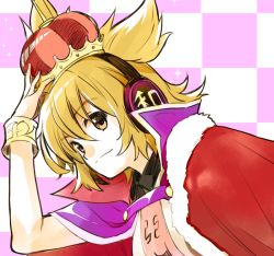 Rule 34 | 1girl, arm up, blonde hair, cape, checkered background, closed mouth, crown, earmuffs, hair between eyes, hand on headwear, makuwauri, pointy hair, red cape, short hair, solo, sparkle, touhou, toyosatomimi no miko, upper body, yellow eyes