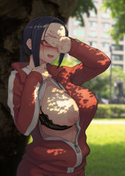 Rule 34 | 1girl, :d, black bra, blush, bra, breasts, clothes lift, covering own eyes, demi-chan wa kataritai, exhibitionism, forehead, gamerag, glasses, jacket, large breasts, long hair, nipples, one breast out, open clothes, open jacket, open mouth, public indecency, purple eyes, satou sakie, shirt lift, smile, solo, sweatdrop, track jacket, underwear