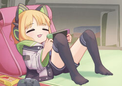 Rule 34 | 1girl, = =, absurdres, animal ear headphones, animal ears, black thighhighs, blonde hair, blue archive, chinese commentary, closed eyes, commentary, controller, english commentary, fake animal ears, full body, game controller, handheld game console, headphones, highres, holding, holding handheld game console, jacket, knees up, long sleeves, midori (blue archive), mixed-language commentary, nanachides, nintendo switch, no shoes, open mouth, paid reward available, short hair, sitting, smile, solo, thighhighs, toes, two-sided fabric, two-sided jacket, white jacket, wide sleeves