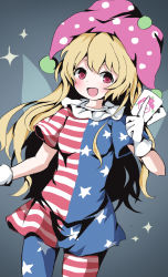 Rule 34 | 1girl, american flag pants, american flag shirt, ansoku, blonde hair, blush, breasts, card, clownpiece, commentary request, cross, fairy wings, gloves, grey background, hair between eyes, hands up, hat, highres, jester cap, long hair, looking to the side, neck ruff, open mouth, pants, pink eyes, pink hat, polka dot, shirt, short sleeves, simple background, small breasts, smile, solo, standing, star (symbol), star print, striped clothes, striped pants, striped shirt, touhou, white gloves, wings