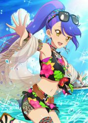 Rule 34 | 10s, 1girl, aikatsu!, aikatsu! (series), aikatsu! photo on stage!!, aikatsu stars!, beach, beach house, blue hair, bow, bracelet, cloud, day, earrings, floral print, hibiscus print, highres, jewelry, kisaragi tsubasa, long hair, multicolored hair, navel, necklace, open mouth, outdoors, outstretched arms, palm tree, ponytail, sky, smile, solo, sunglasses, swimsuit, third-party source, towel, tree, water, water drop, yellow eyes