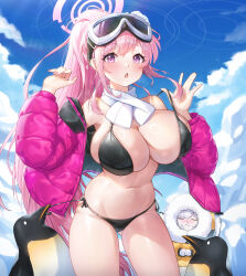 Rule 34 | 2girls, :o, absurdres, bare shoulders, bikini, bird, black bikini, blue archive, blush, breasts, cleavage, closed mouth, cloud, cowboy shot, day, eimi (blue archive), eimi (swimsuit) (blue archive), gluteal fold, goggles, goggles on head, halo, highres, himari (blue archive), ice, jacket, large breasts, long hair, long sleeves, morung, multiple girls, navel, off shoulder, official alternate costume, open clothes, open jacket, open mouth, outdoors, parka, penguin, pink hair, pink halo, pink jacket, ponytail, purple eyes, side-tie bikini bottom, ski goggles, smile, solo focus, stomach, swimsuit, thighs, unzipped, white hair, winter, yellow jacket