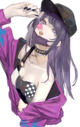 Rule 34 | 1girl, :o, asymmetrical clothes, bad id, bad twitter id, candy, collarbone, cropped torso, food, highres, holding, holding candy, holding food, idolmaster, idolmaster shiny colors, jacket, jacket partially removed, lollipop, looking at viewer, mask pull, nail polish, purple eyes, purple hair, purple jacket, simple background, solo, takashi (cry 191), tanaka mamimi, white background