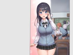 Rule 34 | 3girls, adjusting hair, arm at side, asuka shinozaki, black hair, black neckwear, blue eyes, blush, breasts, cellphone, chair, chalkboard, classroom, cowboy shot, desk, grey background, hand up, highres, holding, holding phone, indoors, large breasts, leaning forward, legs, long hair, looking at viewer, multiple girls, open mouth, original, phone, school uniform, simple background, sitting, skirt, smile, standing, teacher, thighs, twintails, vest