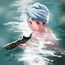 Rule 34 | 1girl, air bubble, bath, black hair, blush, bubble, chutohampa, closed mouth, commentary request, holding, holding water gun, mighty-gou, mighty jack, nude, original, partially submerged, red eyes, seiza, signature, sitting, solo, towel, towel on head, water, water gun, wet