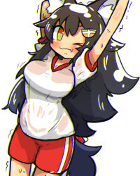 Rule 34 | 1girl, absurdres, animal ear fluff, animal ears, arms up, black hair, bleuzer, blush, breasts, fang, gym uniform, hair ornament, hairclip, highres, hololive, long hair, medium breasts, motion lines, one eye closed, ookami mio, see-through, see-through shirt, short sleeves, shorts, simple background, stretching, sweat, sweaty clothes, thighs, trembling, virtual youtuber, white background, wolf ears