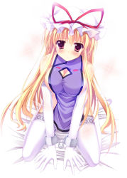 Rule 34 | 1girl, adapted costume, bare shoulders, blonde hair, blush, bow, breasts, chain, cleavage, cuffs, elbow gloves, exe (artist), female focus, gloves, handcuffs, hat, hat ribbon, kneeling, large breasts, long hair, naked tabard, purple eyes, ribbon, solo, tabard, thighhighs, touhou, white gloves, white thighhighs, xe (execut3r), yakumo yukari