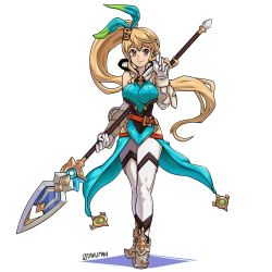 Rule 34 | 1girl, absurdres, bare shoulders, breasts, detached sleeves, dragalia lost, elisanne, gloves, hair ribbon, twirling hair, highres, holding, holding polearm, holding weapon, lance, long hair, looking at viewer, medium breasts, orange hair, otakuman, polearm, ponytail, purple eyes, ribbon, sidelocks, smile, solo, very long hair, waist cape, watermark, weapon, white gloves, wrist cuffs