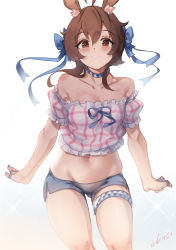 Rule 34 | 1girl, ahoge, alternate eye color, amiya (arknights), animal ear fluff, animal ears, arknights, artist name, bare shoulders, blue bow, blue nails, bow, brown eyes, brown hair, collarbone, commentary, cowboy shot, crop top, frills, grey shorts, grin, groin, hair bow, highres, jewelry, kani fish, looking at viewer, midriff, nail polish, navel, neck ring, off-shoulder shirt, off shoulder, pink shirt, puffy short sleeves, puffy sleeves, rabbit ears, rabbit girl, ring, shirt, short hair, short shorts, short sleeves, shorts, signature, smile, solo, stomach, thighlet, thighs, white background