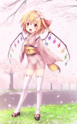Rule 34 | 1girl, ahoge, alternate costume, blonde hair, breasts, cherry blossoms, commentary request, day, detached sleeves, flandre scarlet, flower, full body, geta, grass, hair flower, hair ornament, hair ribbon, highres, japanese clothes, kimono, kuro (baseball0000), long hair, long sleeves, looking at viewer, obi, open mouth, outdoors, pink background, pink flower, pink kimono, pointy ears, red eyes, red ribbon, ribbon, ribbon-trimmed legwear, ribbon trim, sash, small breasts, smile, solo, spring (season), standing, thighhighs, touhou, white thighhighs, wide sleeves, wings