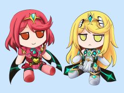 Rule 34 | 2girls, blonde hair, character doll, doll, fumo (doll), kyomu (zerokyomu), multiple girls, mythra (xenoblade), pyra (xenoblade), red eyes, red hair, simple background, swept bangs, xenoblade chronicles (series), xenoblade chronicles 2, yellow eyes