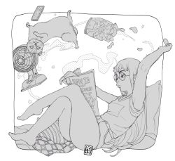 Rule 34 | 1girl, armpits, bag, bare legs, barefoot, book, cat, cellphone, character request, chips (food), commentary, copyright request, crossed legs, electric fan, english commentary, food, francesca fedele, from side, glasses, greyscale, halftone, highres, lineart, long hair, monochrome, nose, nostrils, phone, potato chips, reading, round eyewear, shirt, sitting, smartphone, solo, star (symbol), telekinesis, thighs, very long hair, white theme